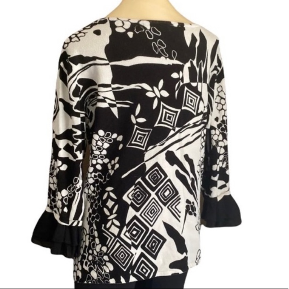 a la Carter blouse women’s size large black-white  top 3/4 sleeve ruffle - Picture 6 of 15